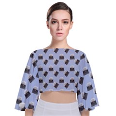 Retro Typewriter Blue Pattern Tie Back Butterfly Sleeve Chiffon Top