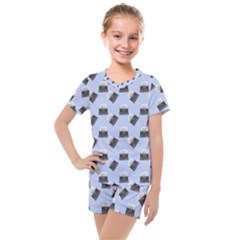 Retro Typewriter Blue Pattern Kids  Mesh Tee And Shorts Set