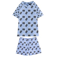 Retro Typewriter Blue Pattern Kids  Swim Tee And Shorts Set