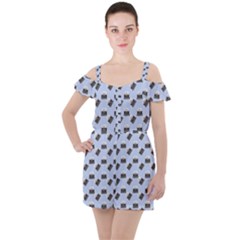 Retro Typewriter Blue Pattern Ruffle Cut Out Chiffon Playsuit