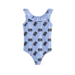 Retro Typewriter Blue Pattern Kids  Frill Swimsuit