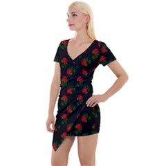 Red Roses Black Short Sleeve Asymmetric Mini Dress