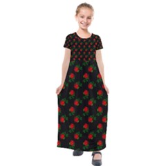 Red Roses Black Kids  Short Sleeve Maxi Dress