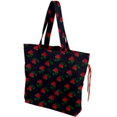 Red Roses Black Drawstring Tote Bag by snowwhitegirl