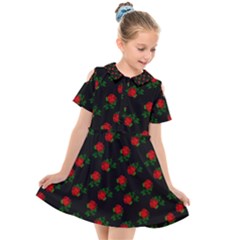 Red Roses Black Kids  Short Sleeve Shirt Dress