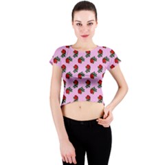 Red Roses Pink Crew Neck Crop Top by snowwhitegirl