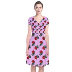 Red Roses Pink Short Sleeve Front Wrap Dress by snowwhitegirl