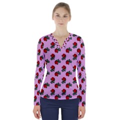 Red Roses Pink V-neck Long Sleeve Top by snowwhitegirl