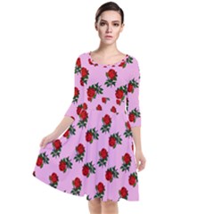 Red Roses Pink Quarter Sleeve Waist Band Dress