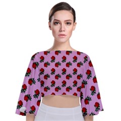 Red Roses Pink Tie Back Butterfly Sleeve Chiffon Top