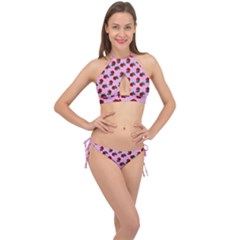 Red Roses Pink Cross Front Halter Bikini Set