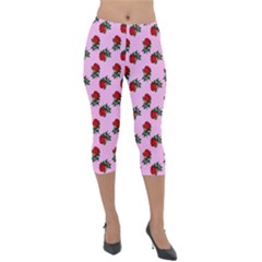 Red Roses Pink Lightweight Velour Capri Leggings 