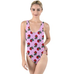 Red Roses Pink High Leg Strappy Swimsuit