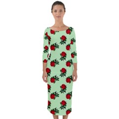 Red Roses Green Quarter Sleeve Midi Bodycon Dress