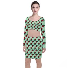 Red Roses Green Top And Skirt Sets