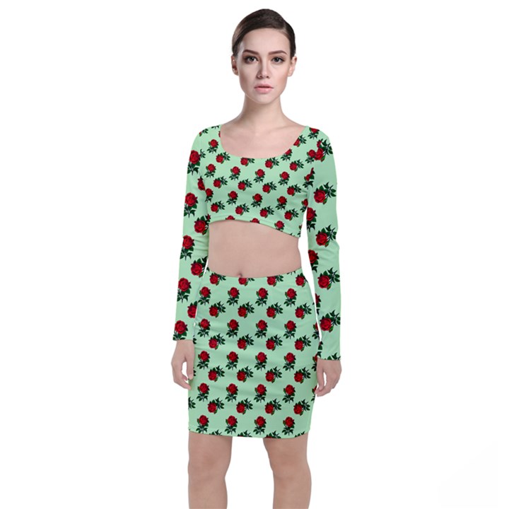 Red Roses Green Top and Skirt Sets