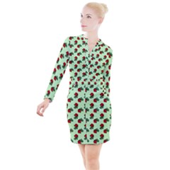 Red Roses Green Button Long Sleeve Dress