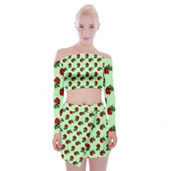 Red Roses Green Off Shoulder Top With Mini Skirt Set by snowwhitegirl