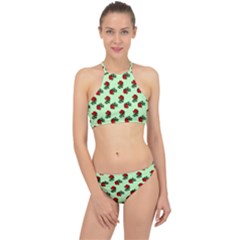 Red Roses Green Racer Front Bikini Set