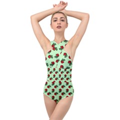 Red Roses Green Cross Front Low Back Swimsuit