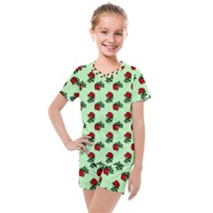 Red Roses Green Kids  Mesh Tee And Shorts Set