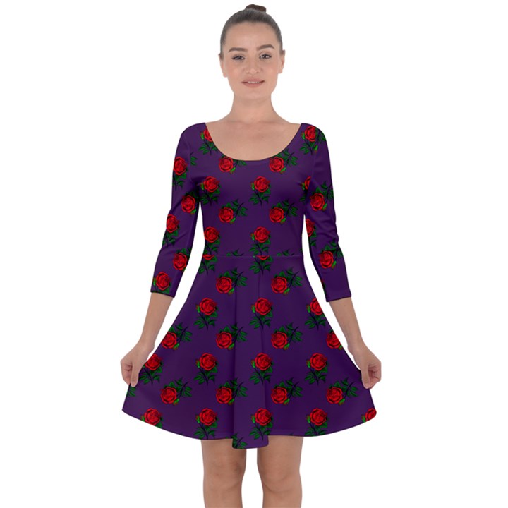 Red Roses Purple Quarter Sleeve Skater Dress