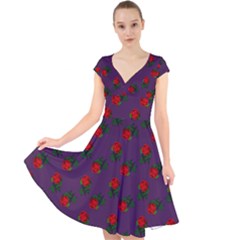 Red Roses Purple Cap Sleeve Front Wrap Midi Dress