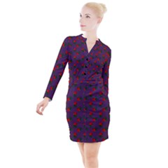 Red Roses Purple Button Long Sleeve Dress