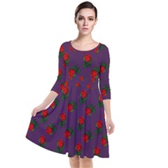 Red Roses Purple Quarter Sleeve Waist Band Dress