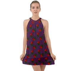 Red Roses Purple Halter Tie Back Chiffon Dress