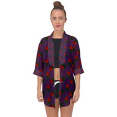 Red Roses Purple Open Front Chiffon Kimono