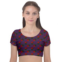 Red Roses Purple Velvet Short Sleeve Crop Top 