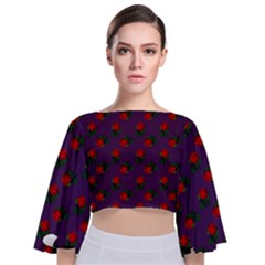 Red Roses Purple Tie Back Butterfly Sleeve Chiffon Top