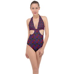 Red Roses Purple Halter Front Plunge Swimsuit