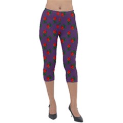 Red Roses Purple Lightweight Velour Capri Leggings 