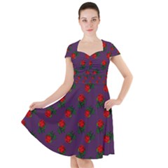 Red Roses Purple Cap Sleeve Midi Dress