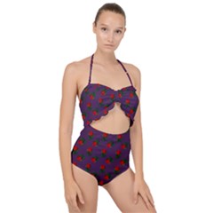 Red Roses Purple Scallop Top Cut Out Swimsuit