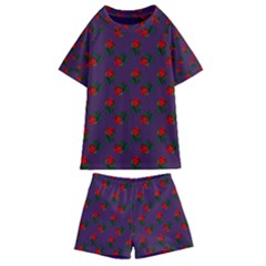 Red Roses Purple Kids  Swim Tee And Shorts Set