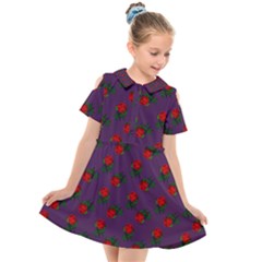 Red Roses Purple Kids  Short Sleeve Shirt Dress