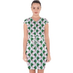 Flamingo Leaf Patttern Capsleeve Drawstring Dress 