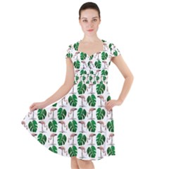 Flamingo Leaf Patttern Cap Sleeve Midi Dress