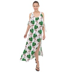 Flamingo Leaf Patttern Maxi Chiffon Cover Up Dress