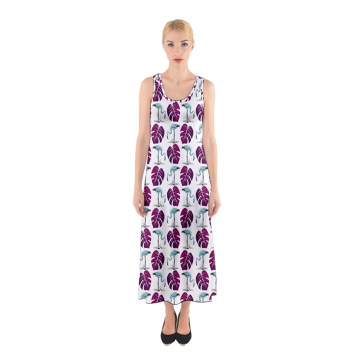 Flamingo Leaf Patttern Blue Sleeveless Maxi Dress