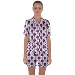 Flamingo Leaf Patttern Blue Satin Short Sleeve Pyjamas Set by snowwhitegirl