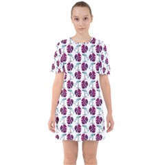 Flamingo Leaf Patttern Blue Sixties Short Sleeve Mini Dress by snowwhitegirl