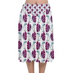 Flamingo Leaf Patttern Blue Velvet Flared Midi Skirt by snowwhitegirl