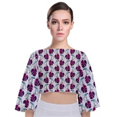 Flamingo Leaf Patttern Blue Tie Back Butterfly Sleeve Chiffon Top