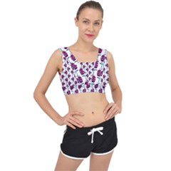 Flamingo Leaf Patttern Blue V-back Sports Bra