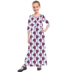 Flamingo Leaf Patttern Blue Kids  Quarter Sleeve Maxi Dress