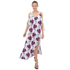 Flamingo Leaf Patttern Blue Maxi Chiffon Cover Up Dress